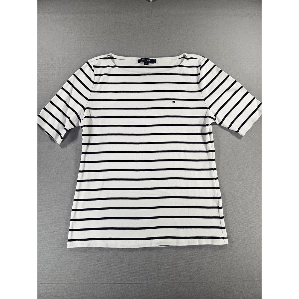 Tommy Hilfiger Women Large White Navy Blue Striped Boatneck T-Shirt Top
